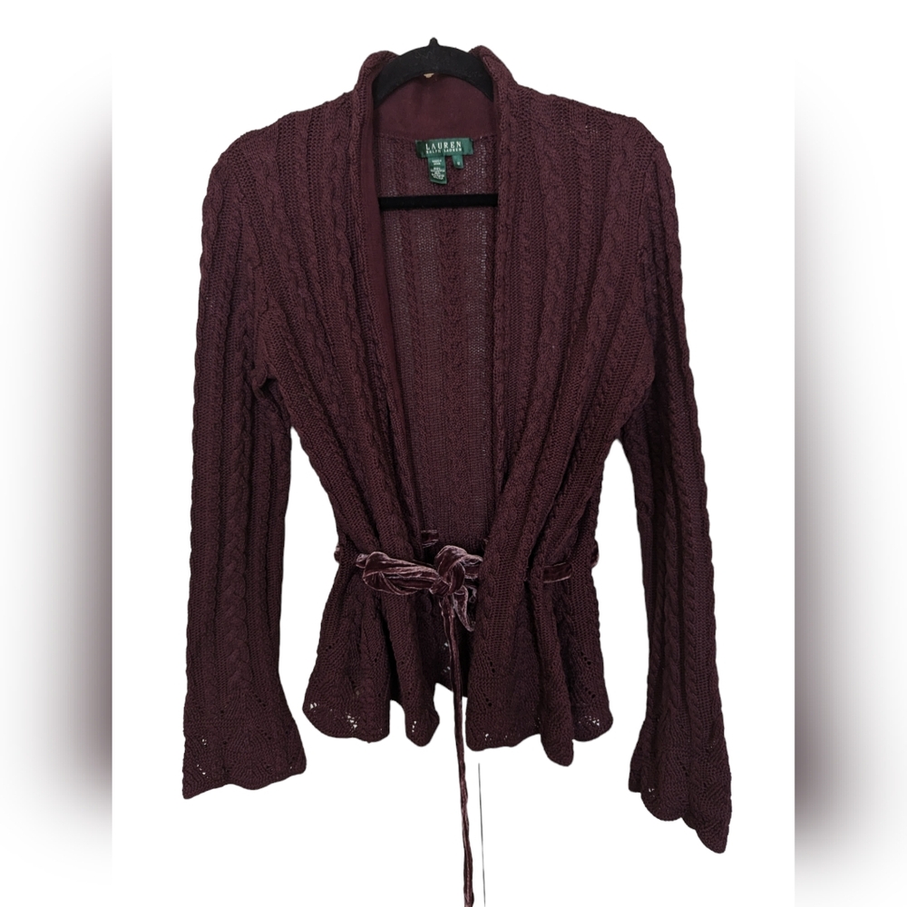 Lauren Ralph Lauren maroon burgundy cotton knit cardigan with velvet belt sz M
